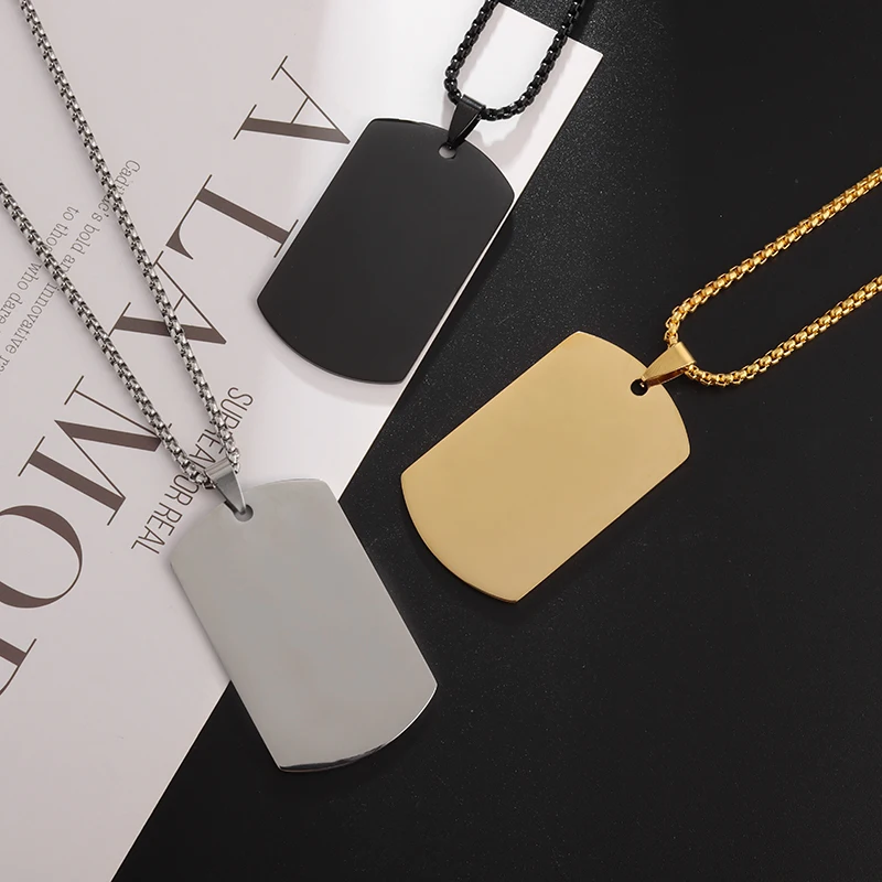 Fashion Personality Military Tag Glossy Rectangle Stainless Steel Pendant Necklaces for Men Trend Punk Simplicity Jewelry