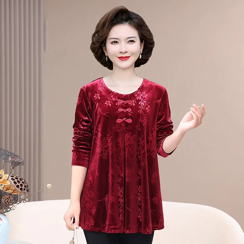 Autumn Long Sleeve T-Shirts Spring Fall Women Pullover Jacquard Middle Age Mother Retro Bottoming Shirt Casual Tops Tee 6XL7XL