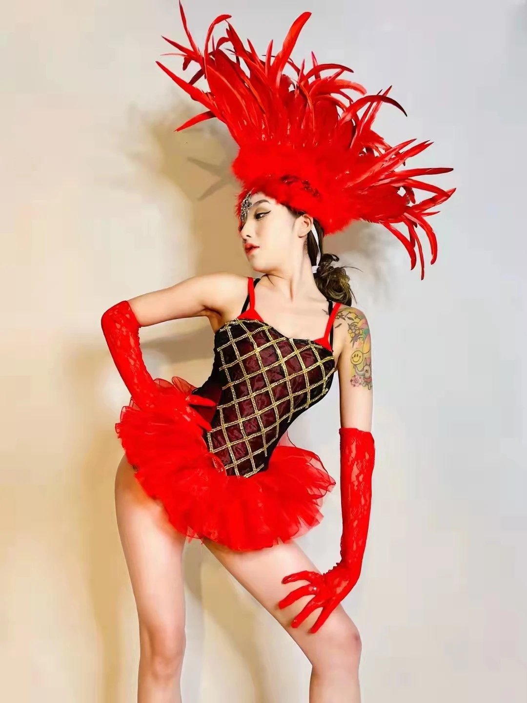 

Red Feather Headdress Crystal Bodysuit Mini Dress Nightclub Party DJ Dancer Sexy Dance Costume Bar Show Performance Stage Wear