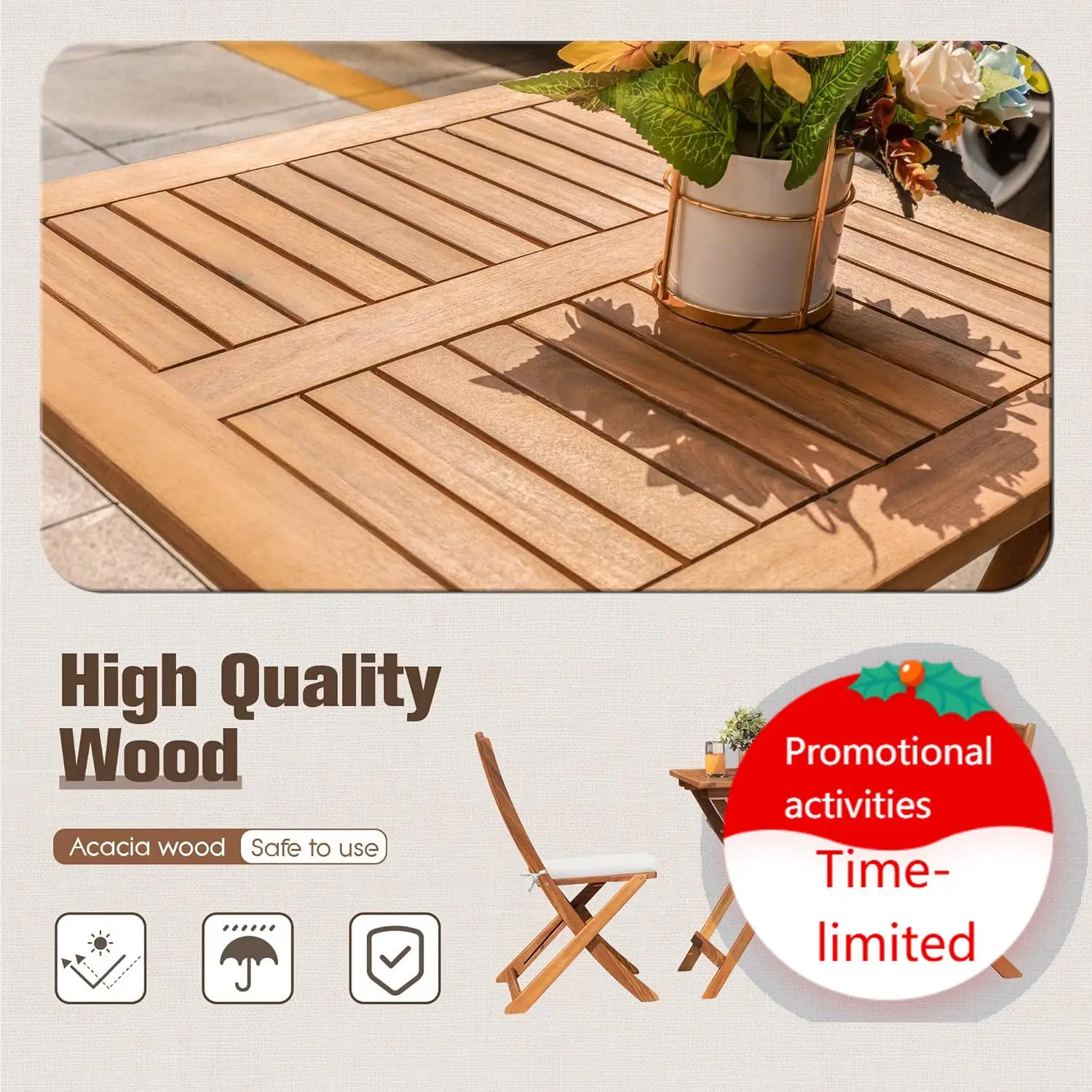 

Уличный складной комплект для патио из 3 предметов: стол и 2 стула из акации для сада, бассейна, заднего двора, балкона, веранды