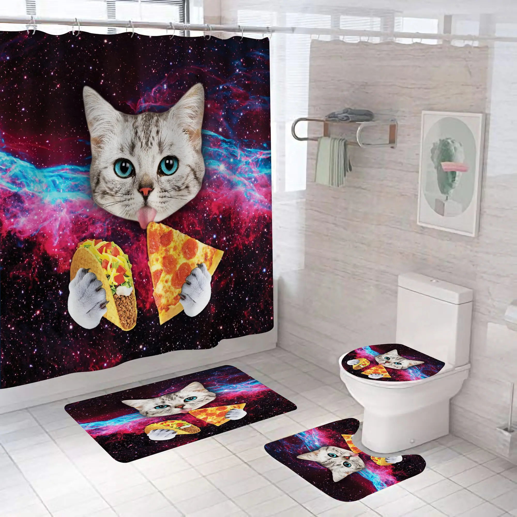 Cartoon Katze Duschvorhang Set Tier Schwarz Wasserdicht Bad Wc Deckel Sitzbezug Bad Rutschfeste Matte Teppich Badezimmer Decot Abdeckung – Detail 13