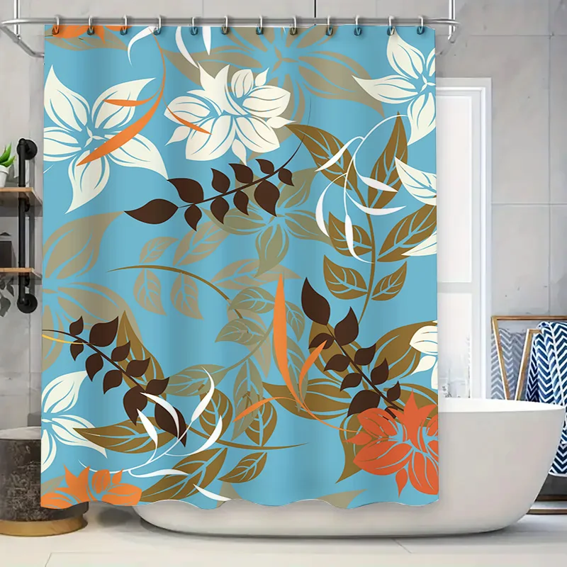 

Modern Floral Shower Curtain Set Blue Brown Water-Resistant Fabric Perfect for Bathrooms