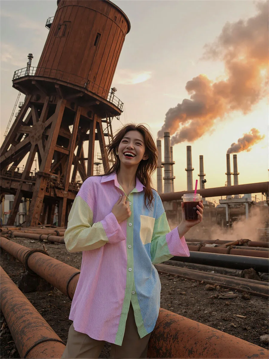 

Casual Korean Women’s Shirt with Candy Color Striped Patchwork Lightweight Long Sleeves and a Trendy Design for Daily Wear