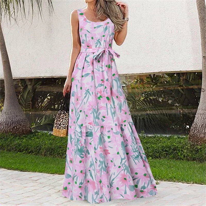 Summer Sweet Style Print Sleeveless Dresses Women High Waist Lace-up O Neck Pullover Dress Casual Female Frock Pleated Hem Gown