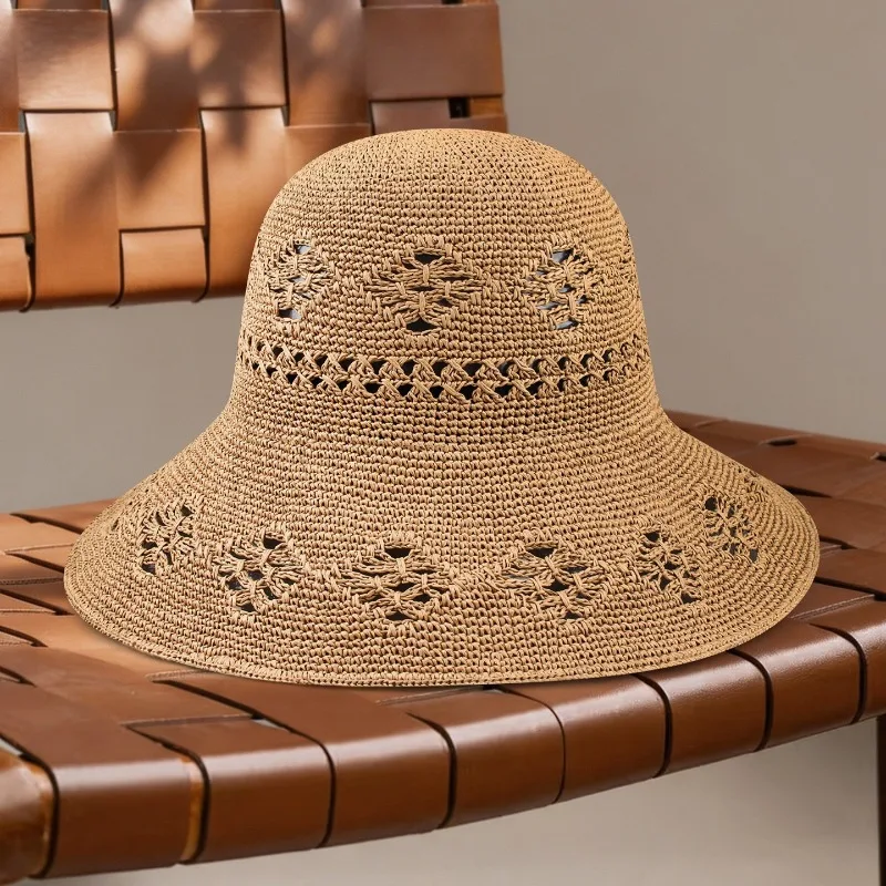 USPOP Women’s Handwoven Paper Straw Bucket Hat Openwork Floral Pattern Foldable Sun Hat with Shapeable Brim