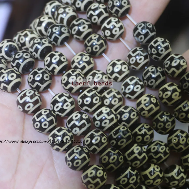 10mmNatural Agate Black Tibet Dzi Agate Round Beads 10pcs, Many pattern ,Lucky Symbol,Powerful Amulet ,For DIY Jewerly Maki