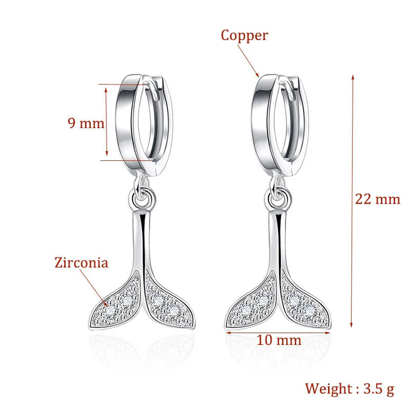 New Fashion Lovely Whale Tail Drop Earrings For Women Shiny Micro Crystal Simple Elegant Dangle Earring Hoops Piercing Jewelry