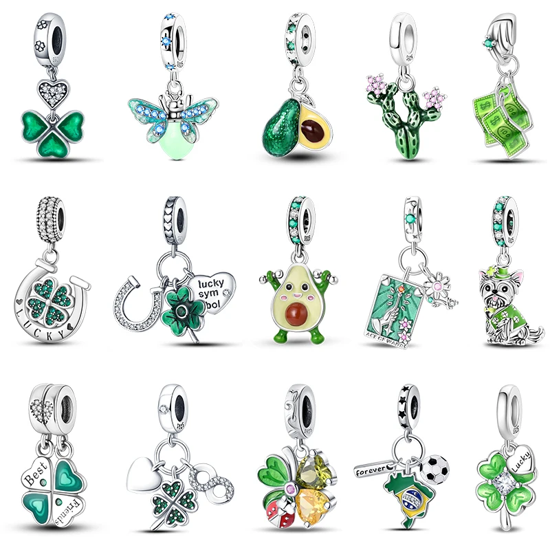 925 cor prata trevo de quatro folhas abacate cactus série verde encantos contas caber 3mm 925 pulseira original jóias finas diy