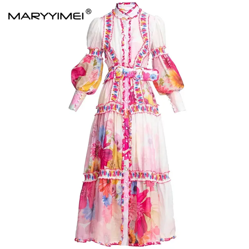 MARYYIMEI Fashion Designer Autumn Women's Dress Lantern sleeve Floral-Print Single-breasted Sashes Elegant Vacation Dresses