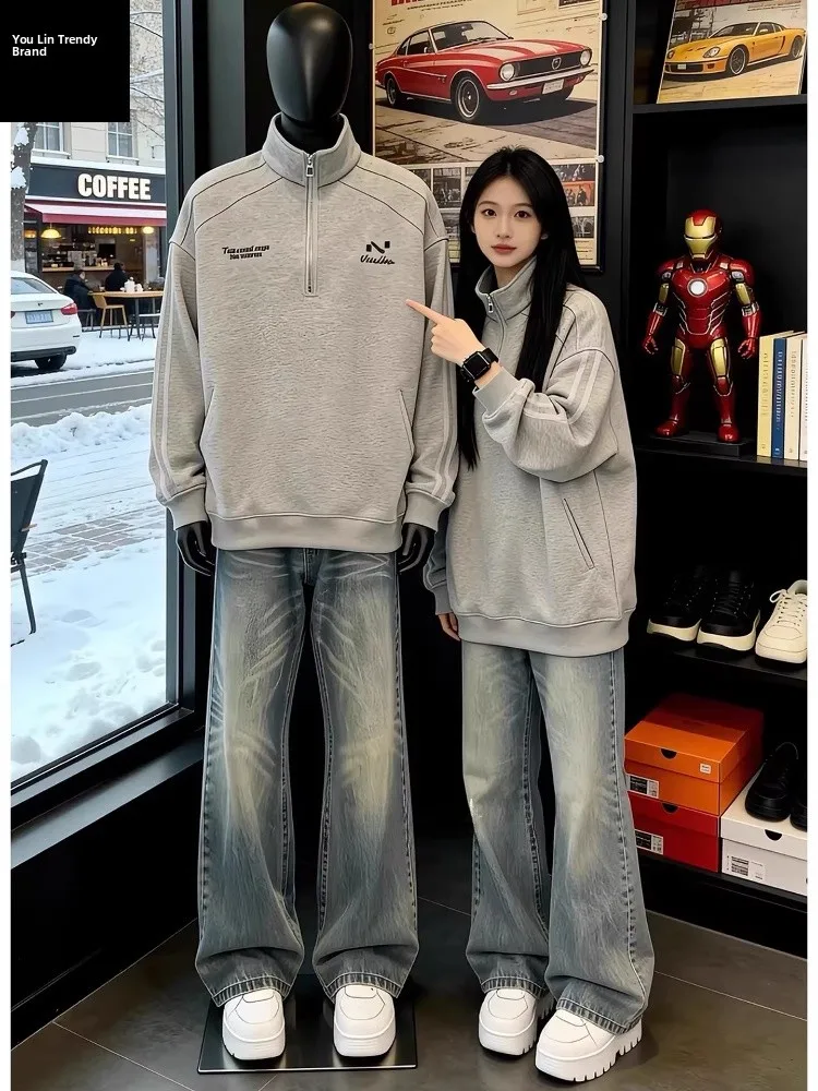 

Retro Blue Blade Men's Jeans High Street Loose Straight Leg Wide Leg Long Pants American Sle Cleanfit Casual Trousers