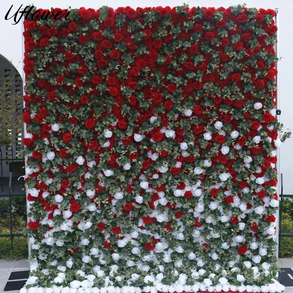 

Uflower 5D Red White Rose Greenery Flower Wall Wedding Backdrop Fabric Hanging Curtain Floral Window Display Party Event Props