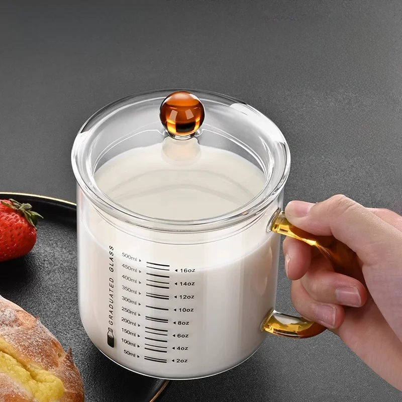 Large Capacity Glass Milk Cup with Lid for Breakfast Microwave Safe Heat Resistant Measurement Cup Chinese Style Handle Design