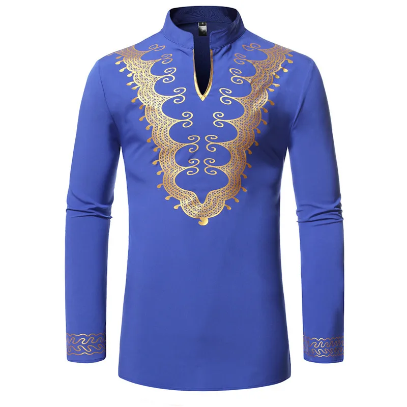 

Royal Blue African Dashiki Print Shirt Men 2024 New Streetwear Casual African Clothing Men Slim Fit Long Sleeve African Clothes