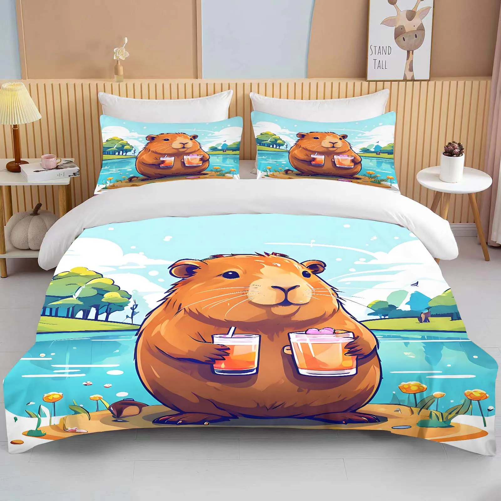 Cartoon MINISO Cute Capybara Printed Bedding Set Cartoon Anime Duvet Cover Comforter Pillowcase Boys Girls Children Adults King