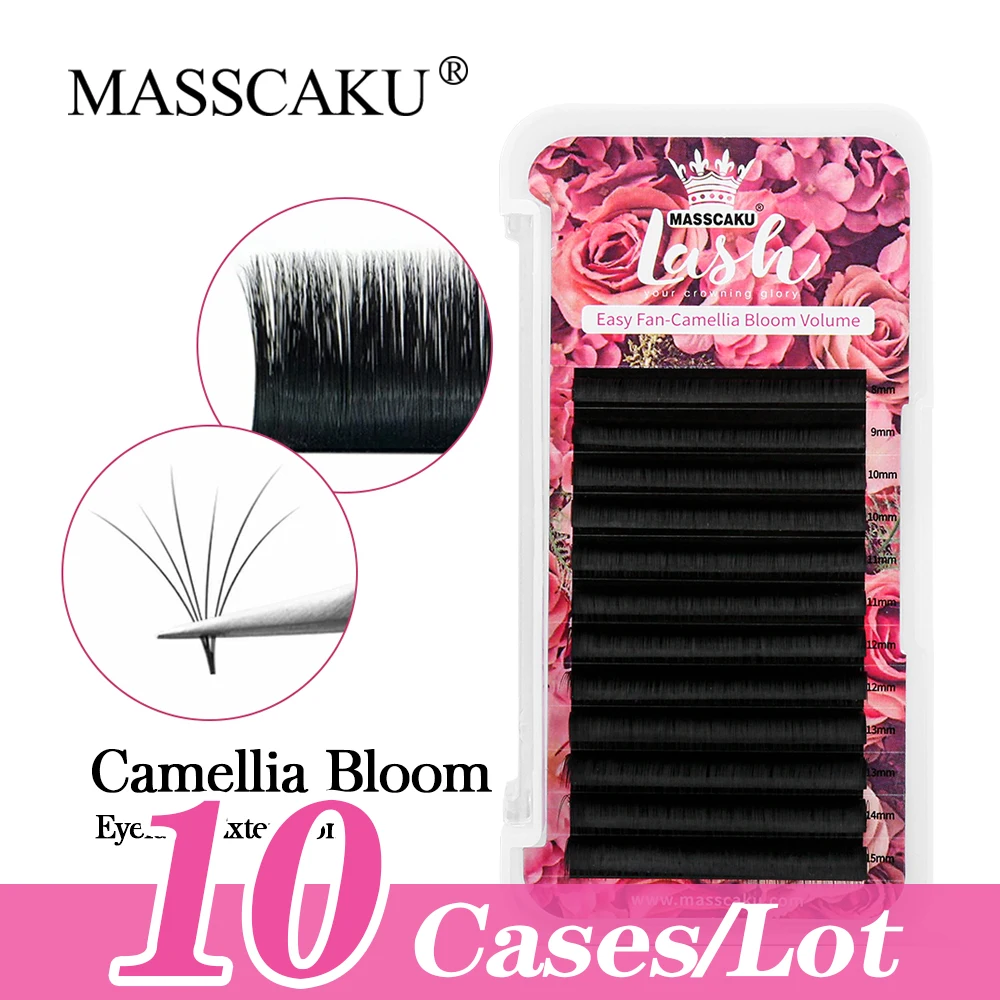 

MASSCAKU 10cases/lot Easy Fanning Individual Lashes Extensions Soft Lightweight Auto Fast Bloom Flowering Eyelashes Trays