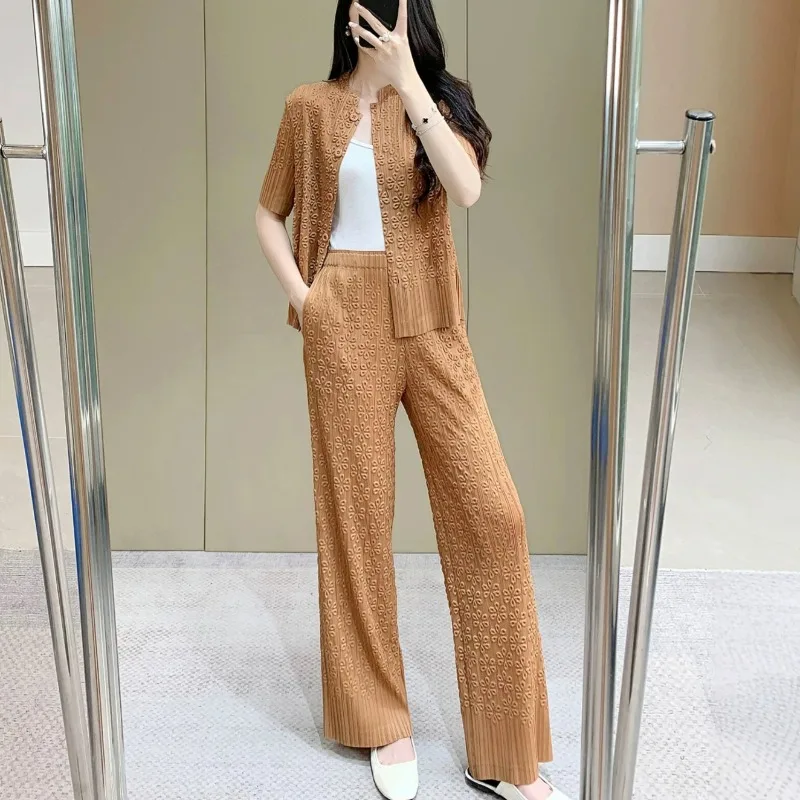 

Miyake Pleated Set 2026 Summer New Short Sleeve Top Jacket Straight Wide Leg Pants Women's Casual Commuter Fashion 2-Piece Set