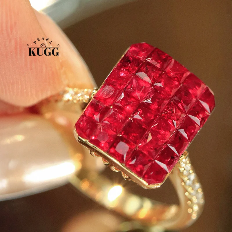 

KUGG 100% 18K Yellow Gold Rings Luxury Elegant Style Shiny Diamond Natural Ruby Engagement Ring for Women High Party Jewelry
