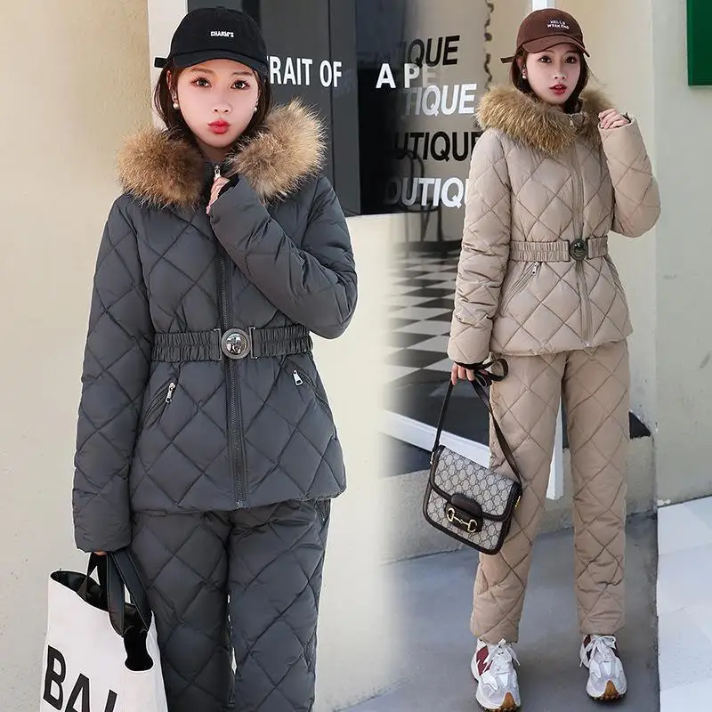 Winter Cotton-padded Suit Women's Outdoor Skiing Cotton-padded Suit Thickened Warm High Waist Belt Solid Color Two-piece Set