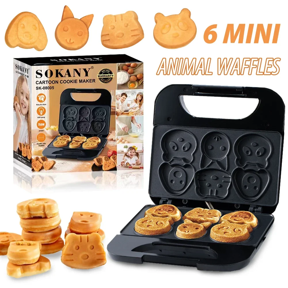 Animal Mini Waffle Maker 6 Animal Shaped Pancakes Breakfast Machine Non-Stick Waffler Iron Household for Kids Adults Fun Gift