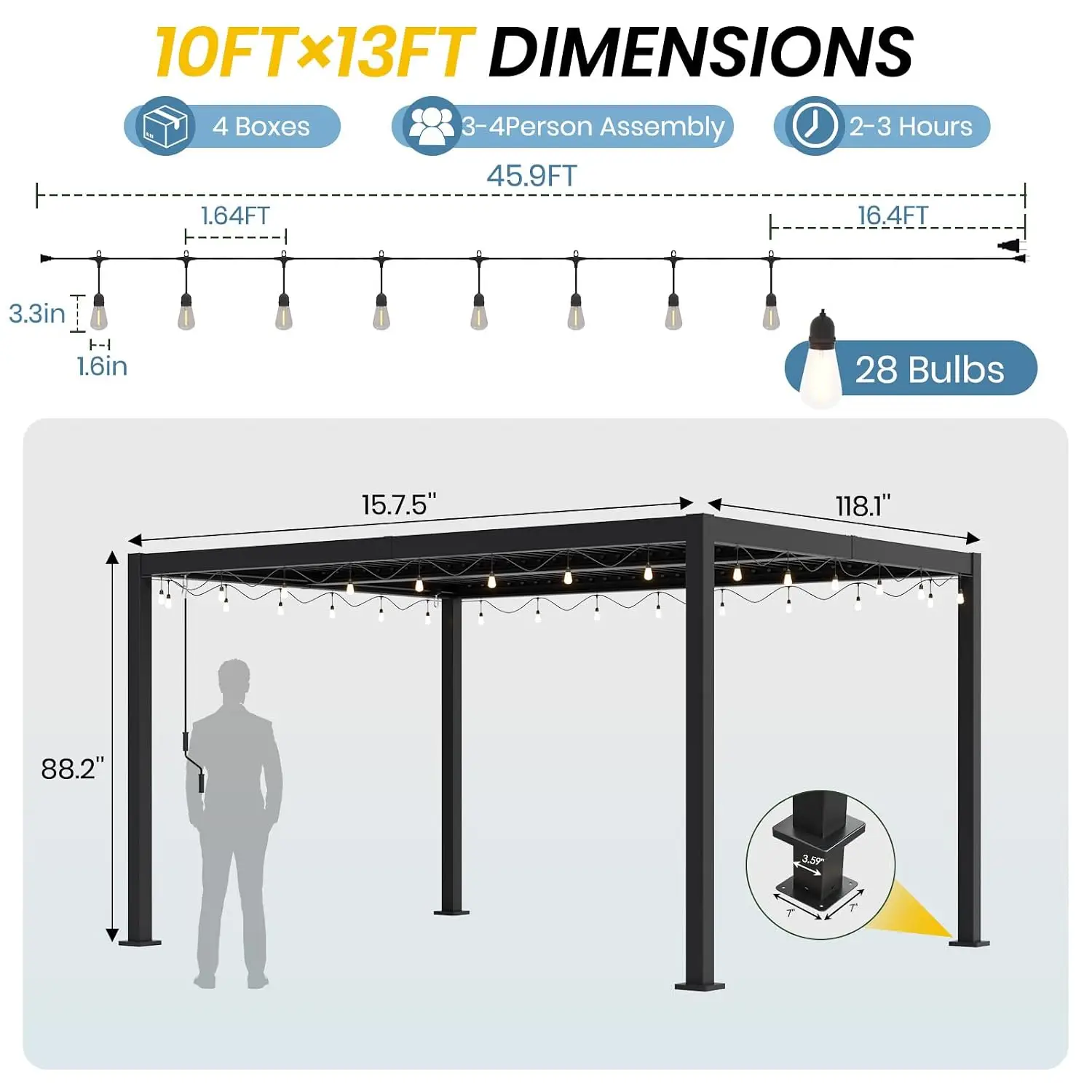 10' x 13' Louvered Pergola with LED String Lights, Outdoor Aluminum Pergola with Adjustable Roof, Waterproof Metal, Customized
