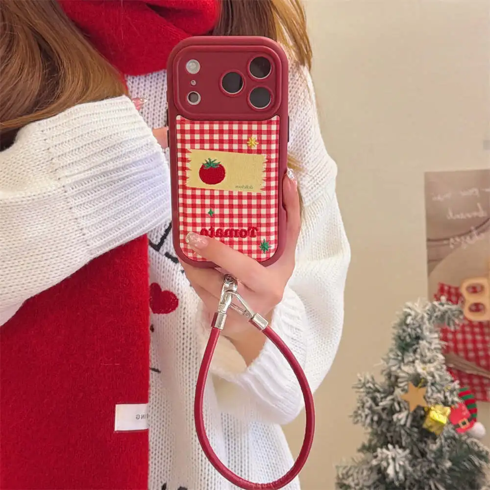 

Korean Red Plaid Pattern Leather Phone Case For iPhone 17 Pro 16 15 14 Pro Max Cover with Hand Rope Shockproof Protective Cases
