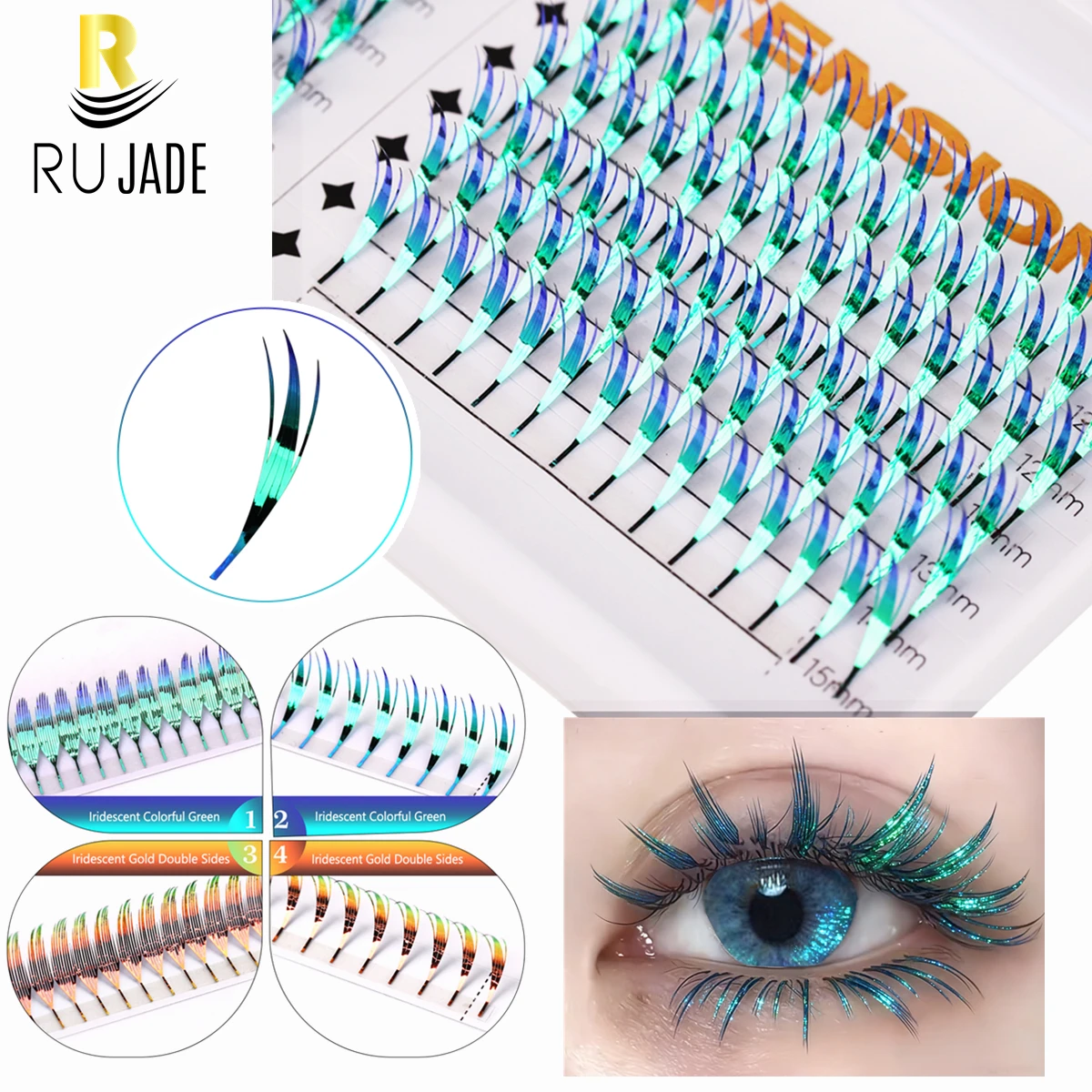 RUJADE Glitter Kleur Comic Russische Volume Wimperverlenging Spits Veervorm Premade Fan Wimpers Voor Party Make-up Cilia