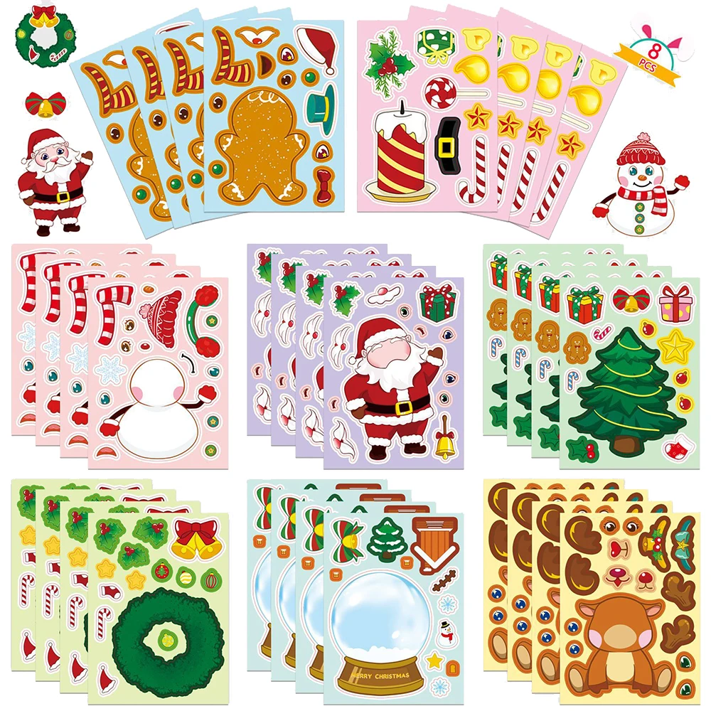 

8/16sheets Cute Cartoon Christmas Puzzle Stickers Create Your Own Santa Claus DIY Make a Face Kids Jigsaw Games Toy Decals Decor