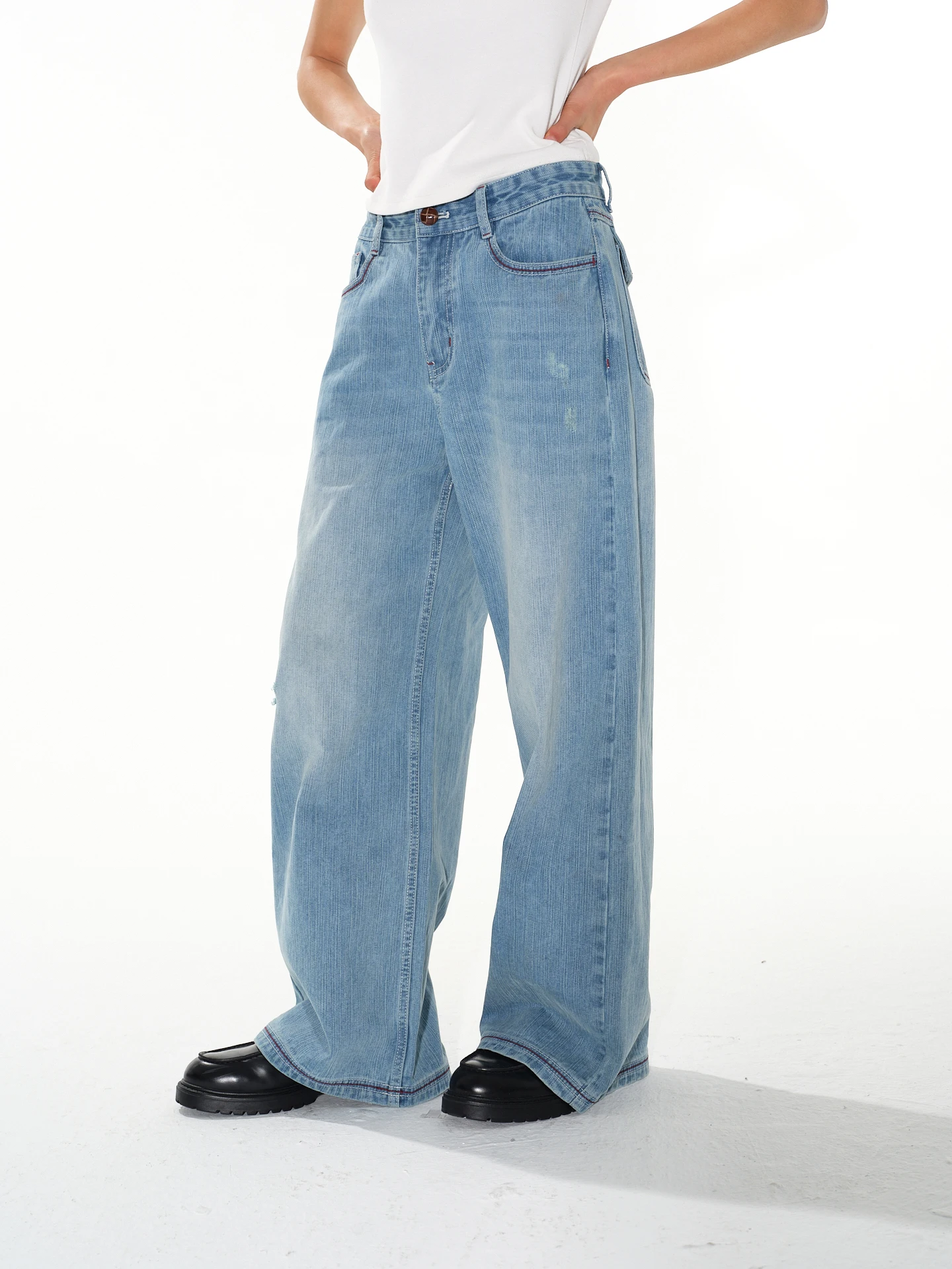 

Studio1till8 Vintage Bamboo Texture Wide Leg Denim Jeans Women's Versatile Washed Draped Straight Cut Pants Cleanfit Style