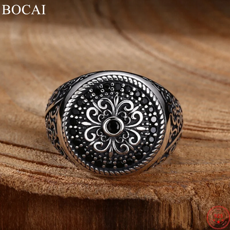 BOCAI S925 Sterling Silver Charms Rings for Men Women Cross Eternal Rattan Micro Black Zircon New Fashion Jewelry Wholesale