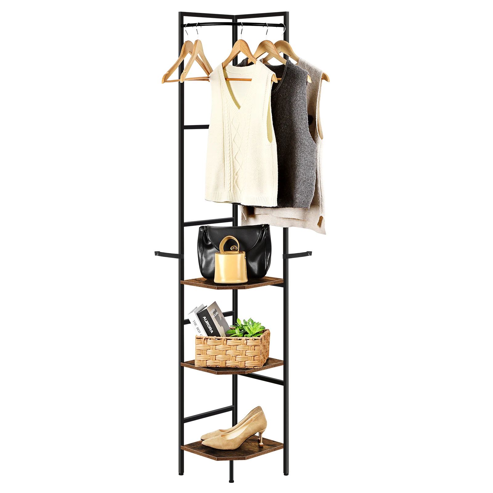 

Corner Clothes Rack with Storage Shelf, Multi-Layer Standing Nightstand & Coat Hanger for Small Bedroom Living Room, Rustic