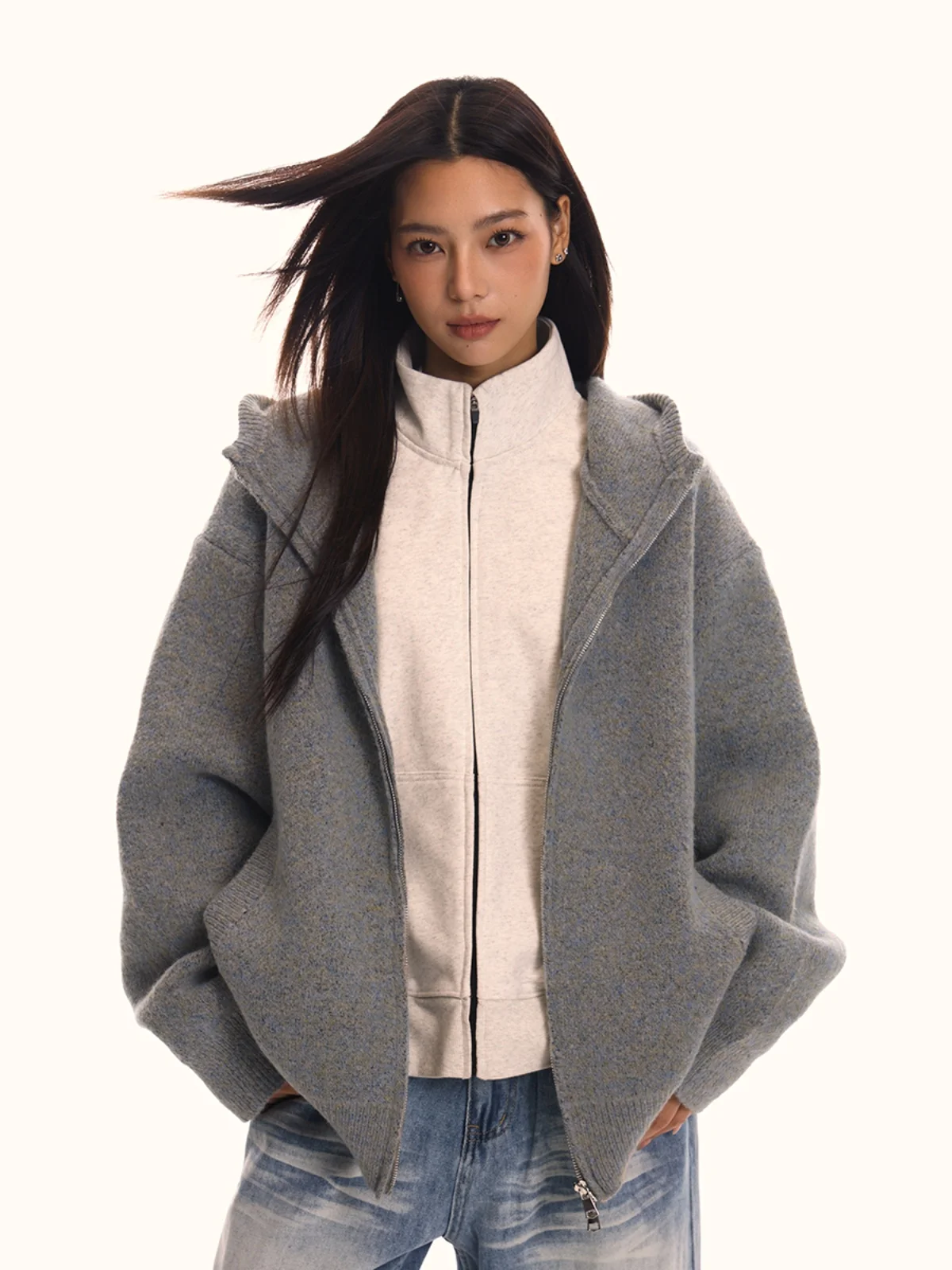 

Ретро-свитер с капюшоном, однотонный, вязаный, свободного кроя, унисекс, для мужчин и женщин, осенне-зимний, удлиненный, на молнии, повседневный...