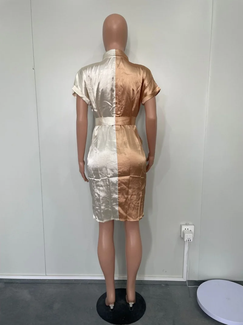 Robe chemise en Satin de couleur contrastée, Streetwear, vêtements d'été pour femmes, manches courtes, moulante, mi-longue, tenue décontractée