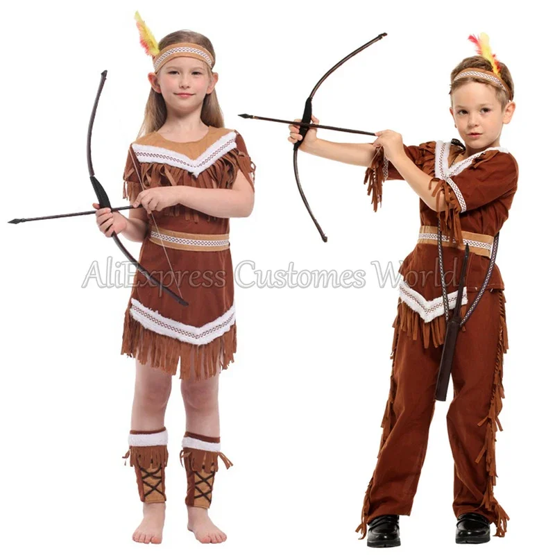 HN8 Halloween Cosplay Costumes Kids Indian Princess Native Archer Huntress Chief Costume Girls Boys Purim Mardi Gras Cosplay8…Gf