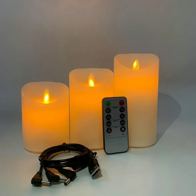 3PCS USB Rechargeable Flickering Paraffin Wax Pillar Candle Light Remote controlled w/timer Moving Dancing wick Home Decoration