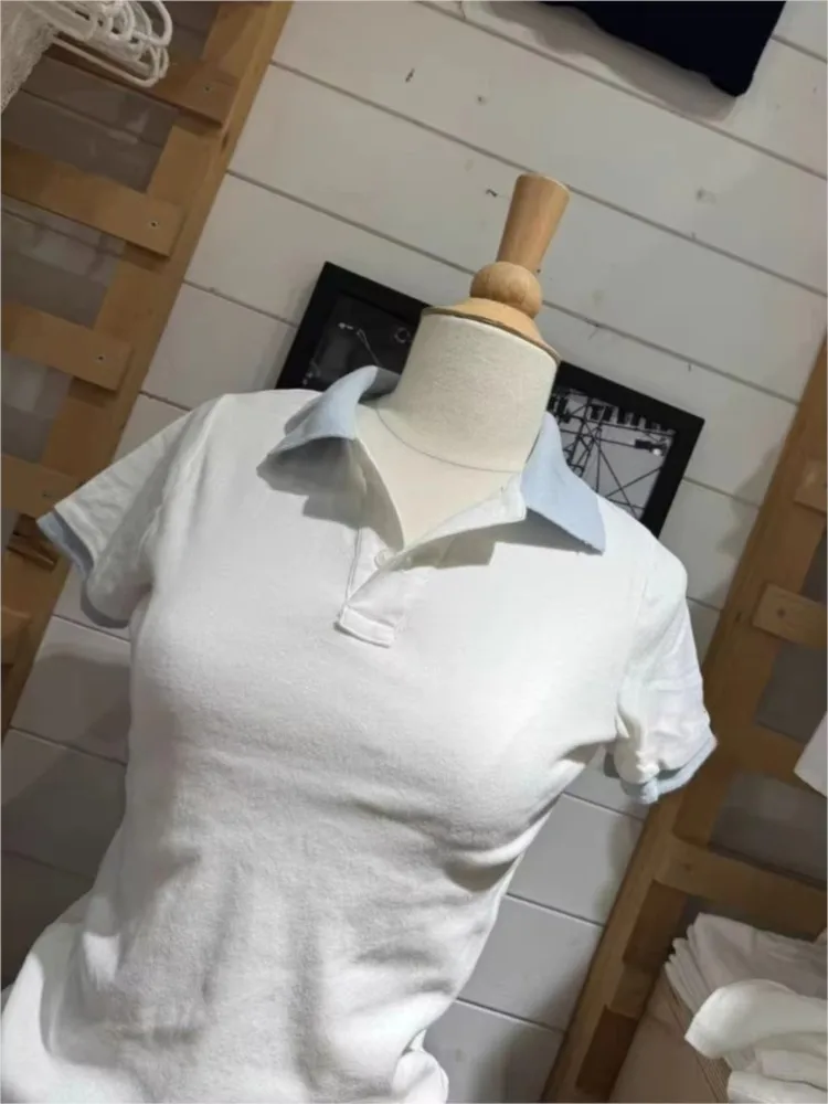 

White Patchwork Blue Slim T-shirt Woman Summer Turn Down Collar Short Sleeve Cotton Plolo Tee Sweet Cute Preppy Style Tshirt Top
