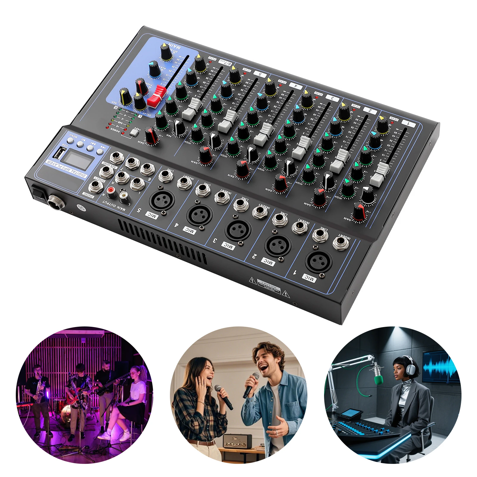 Mélangeur Audio à 7 canaux, Console de mixage Audio Dj de musique professionnelle, pour Ktv à domicile, enregistrement de musique, Webcasting, événements sur campus