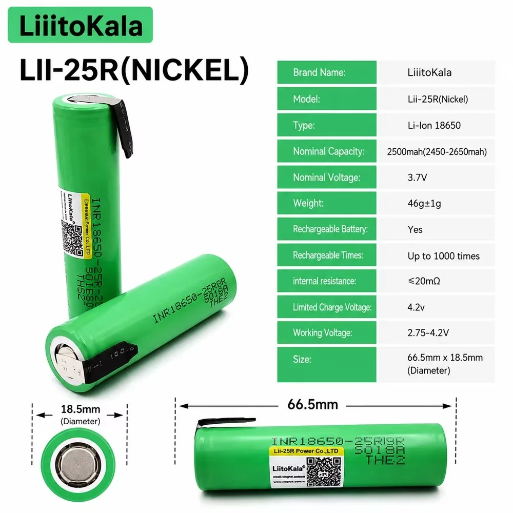 LiitoKala 1-8 szt. Oryginalne baterie 18650 2500mAh INR18650 25R 3.6V, prąd rozładowania 20A, dedykowane baterie do + DIY Nikel — zdjęcie produktu 4