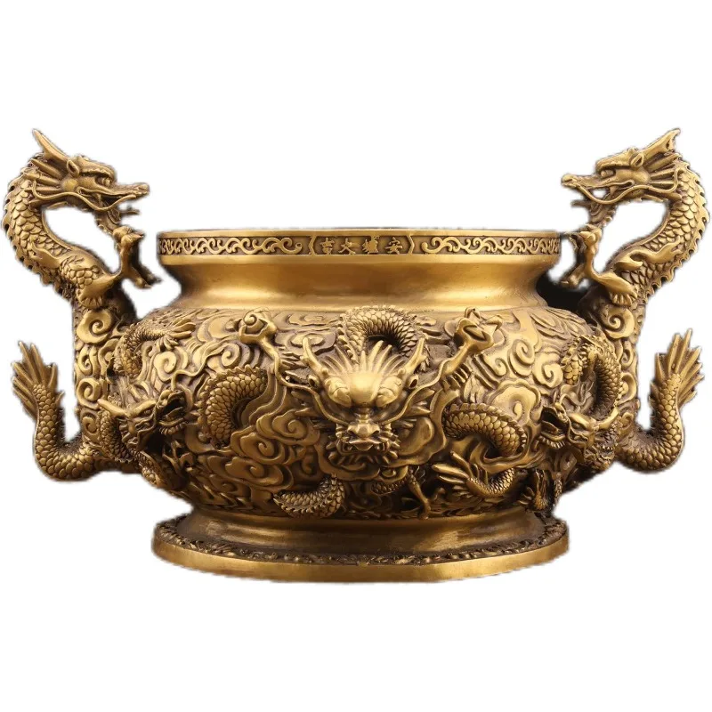 Pure copper Kowloon incense burner ornament, large double dragon incense burner tripod, home ornament