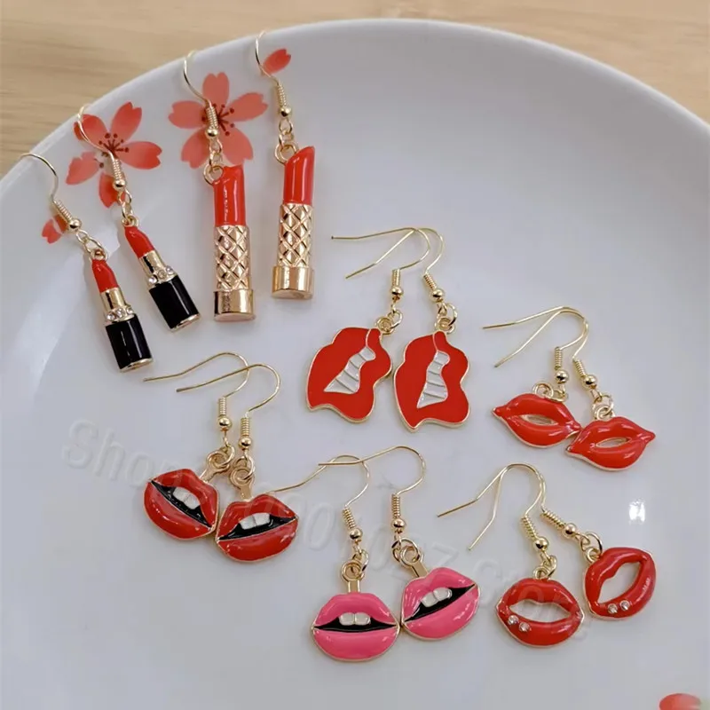 Fashion Sexy Women's Lipstick Earrings Women's Red Lipstick Asymmetrical Lovely Jewelry Bridesmaid Gift Christmas Earrings