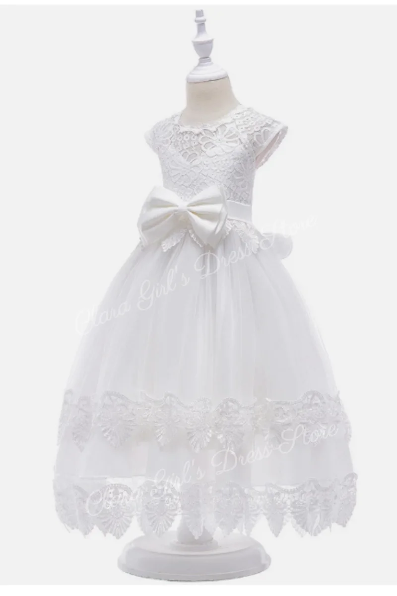 Modieuze lange kanten bruiloft prinses bloemenmeisje jurk met strik, geschikt voor feesten, bruiloften en communie; aanpasbaar