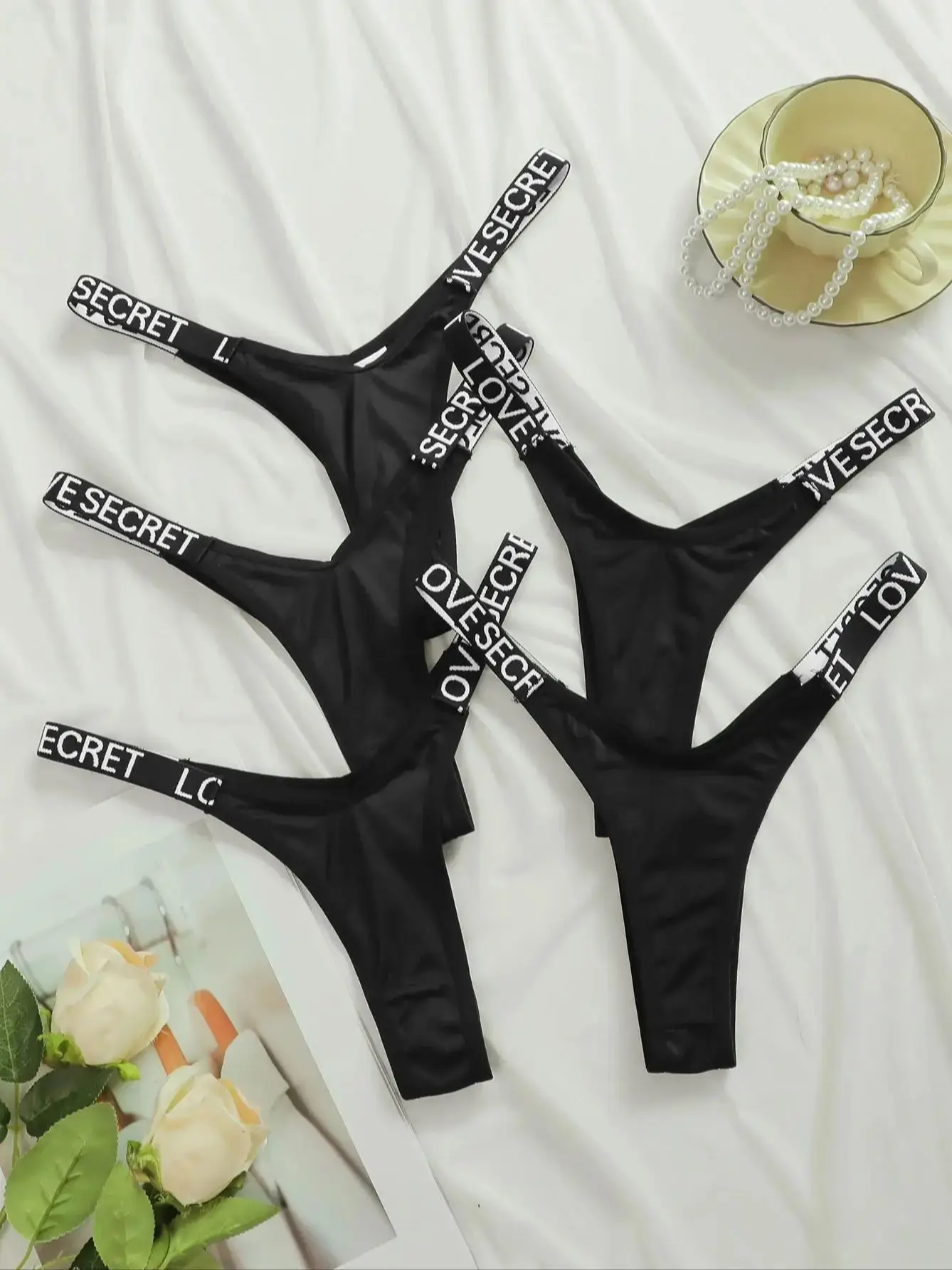 Viomisha 5Pcs/Set Sexy Letter Thongs Women Panties Low Waist Solid Color G-String Underwear Female Breathable Intimates Lingerie