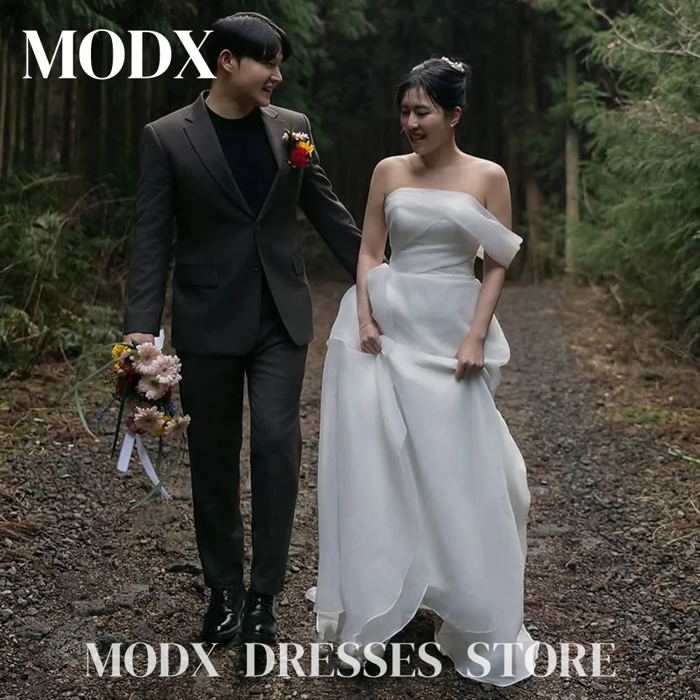 

MODX Elegant Strapless Wedding Dress Organza Pleat 웨딩드레스 One-Shoulder Korea Photoshoot Floor-Length Customised Bride Gowns 2025