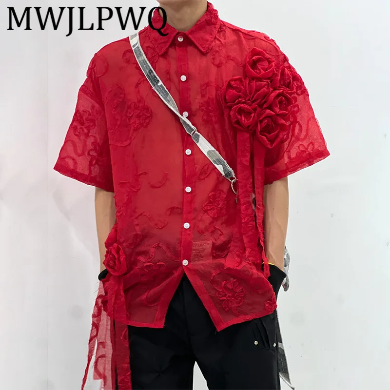 

MWJLPWQ Flower Thin Design Red Short Sleeve Shirt Lace Up Elegant Street Lapel Tide Unisex Loose Casual Tops 2025 Summer 11802