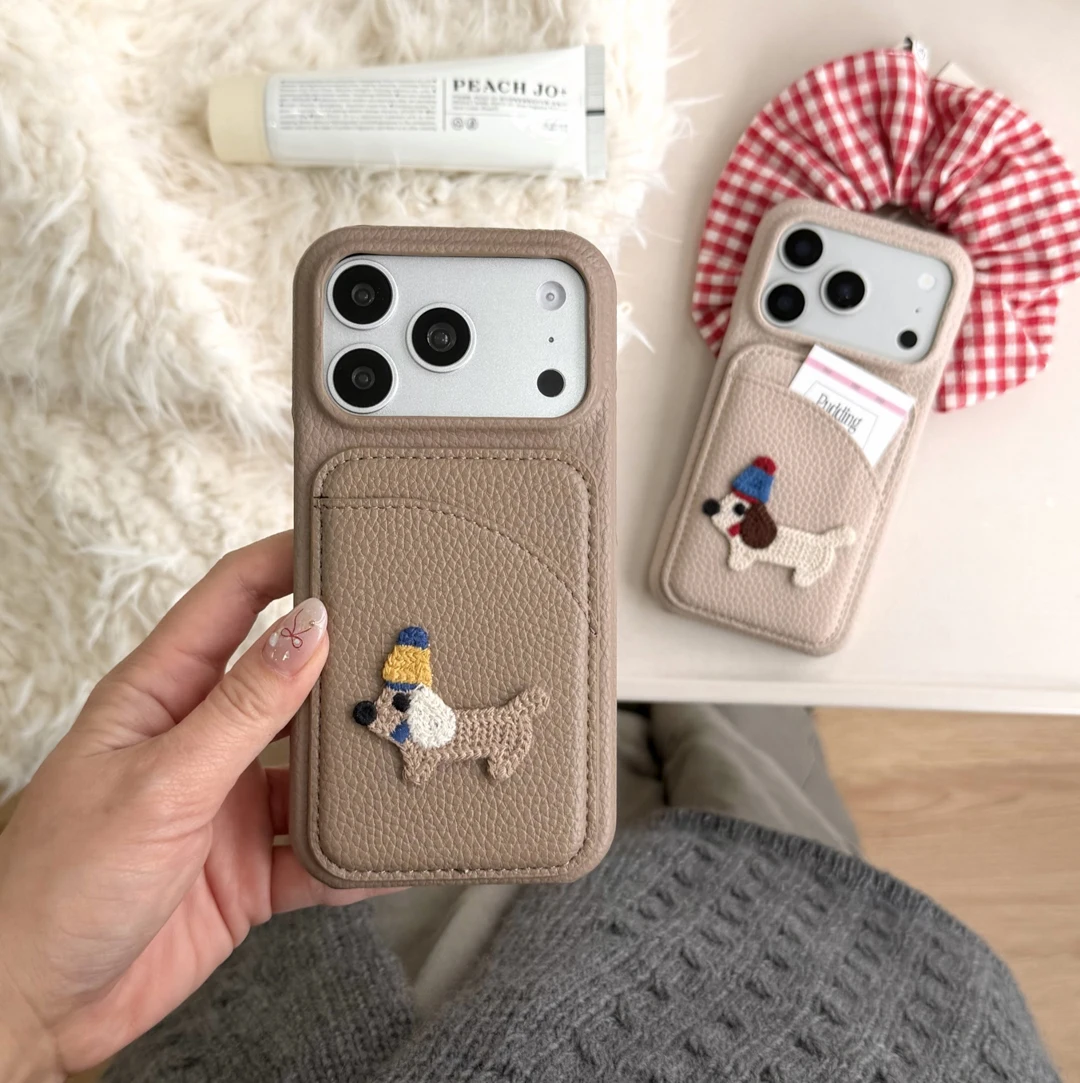 

Lovely Cute Embroidered Puppy Dog Leather Wallet Case with Card Slot for iPhone 11/12/13/14/15/16/17 pro Max plus Phone Cover