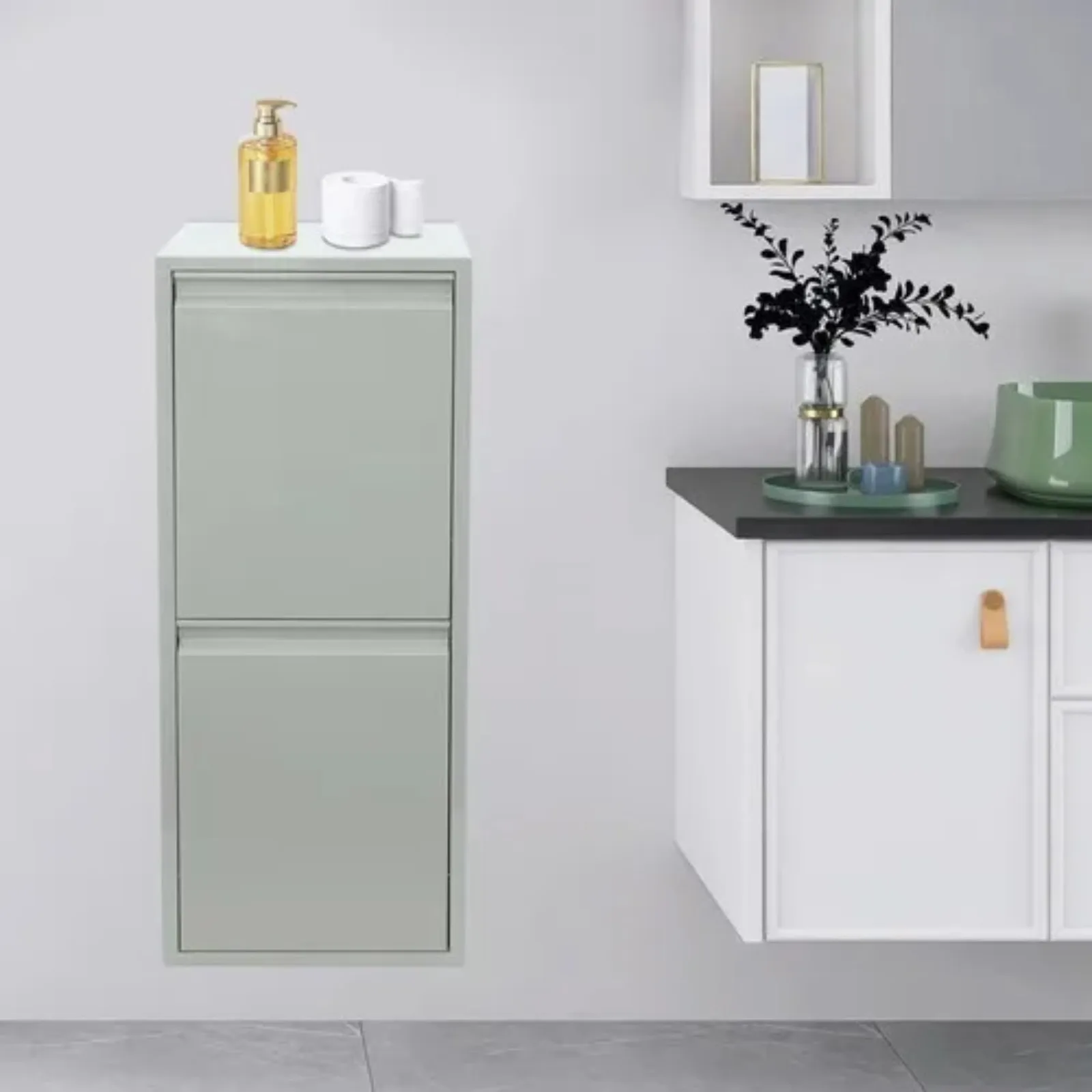 

Tilt-Out Trash/Recycling Cabinet w/ 2 Bins, 15 Gallon Capacity & 35lbs Load-Bearing - Space-Saving Rectangular Kitchen Organizer