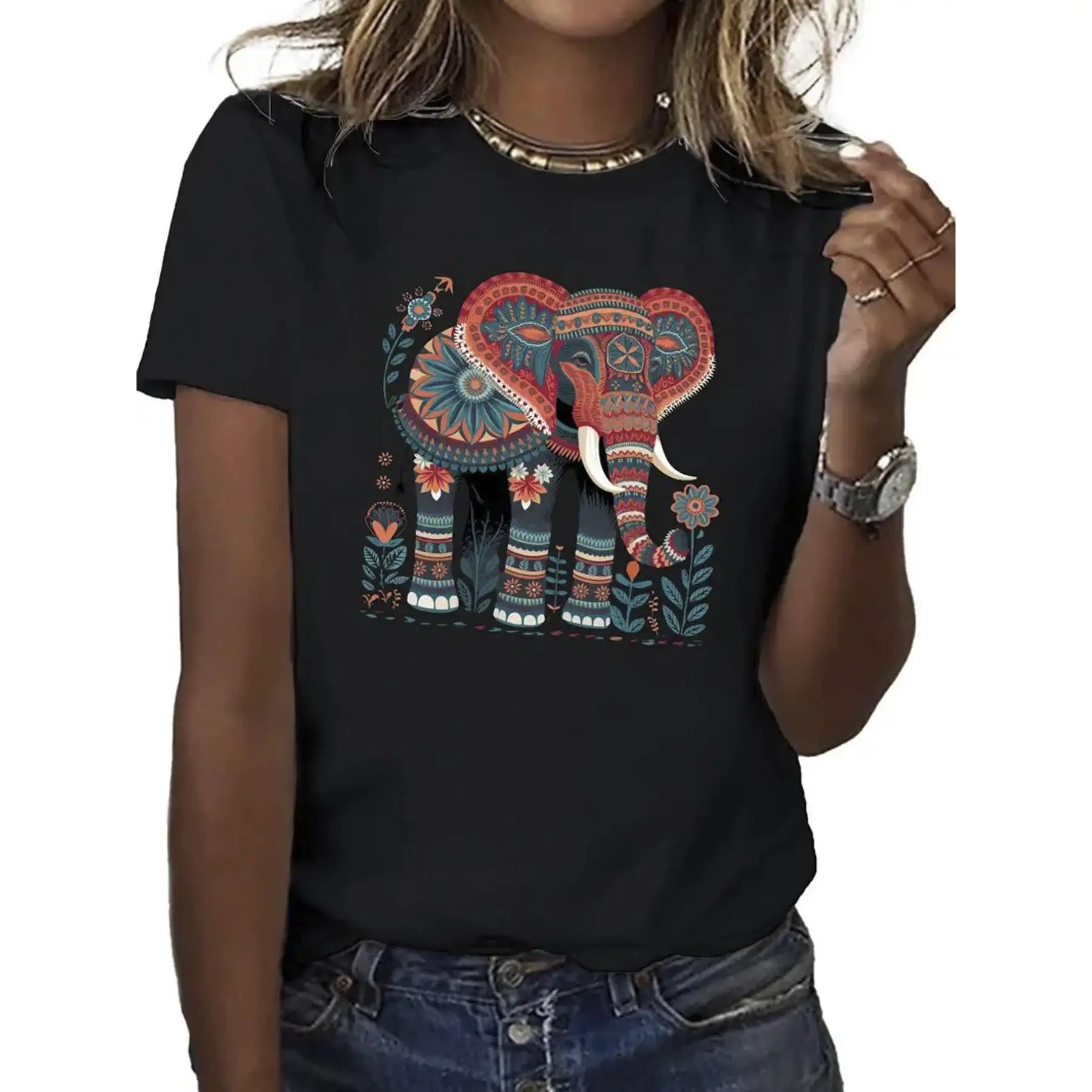 

Bohemian Elephant T-shirt, Mandala Floral Print, Ethnic Style Casual Top, Vintage Hippie Graphic Tee, Women's Summer Blouse
