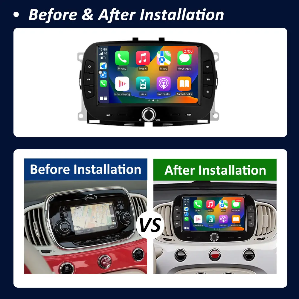 Pemutar Video Multimedia Mobil Wireless Carplay untuk FIAT 500 2016 2017 2018 2019 Sistem Cerdas Android 15 Layar Sentuh WIFI 4G