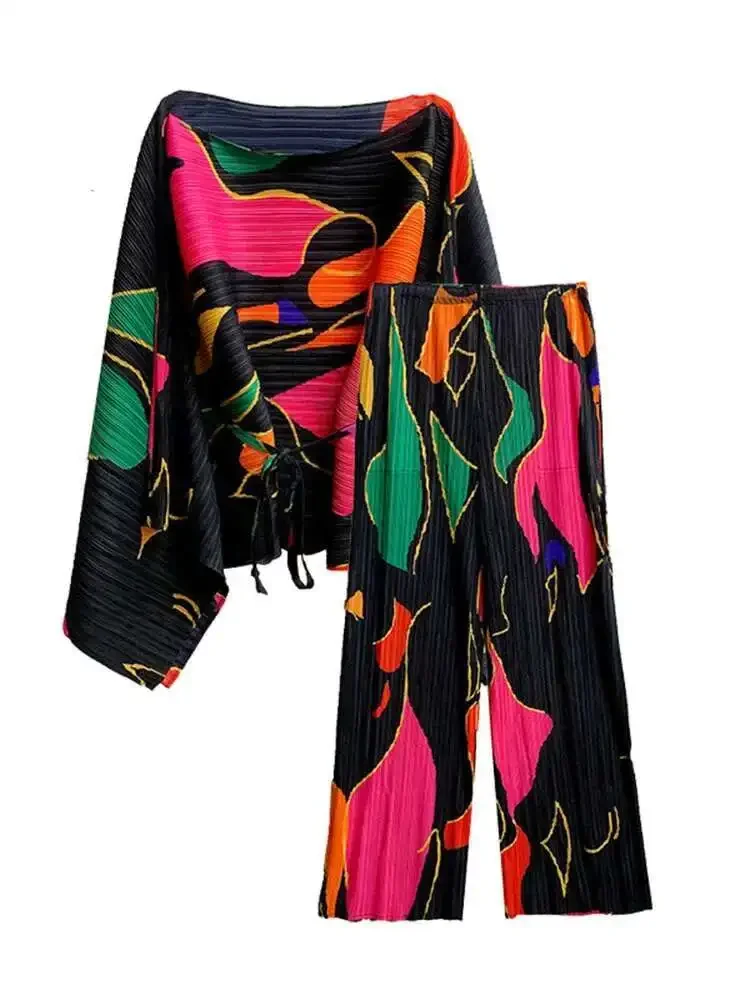 Miyake 2025 verão novo conjunto de duas peças feminino com decote em v solto batwing impressão topo com calças de perna larga roupas de moda feminina