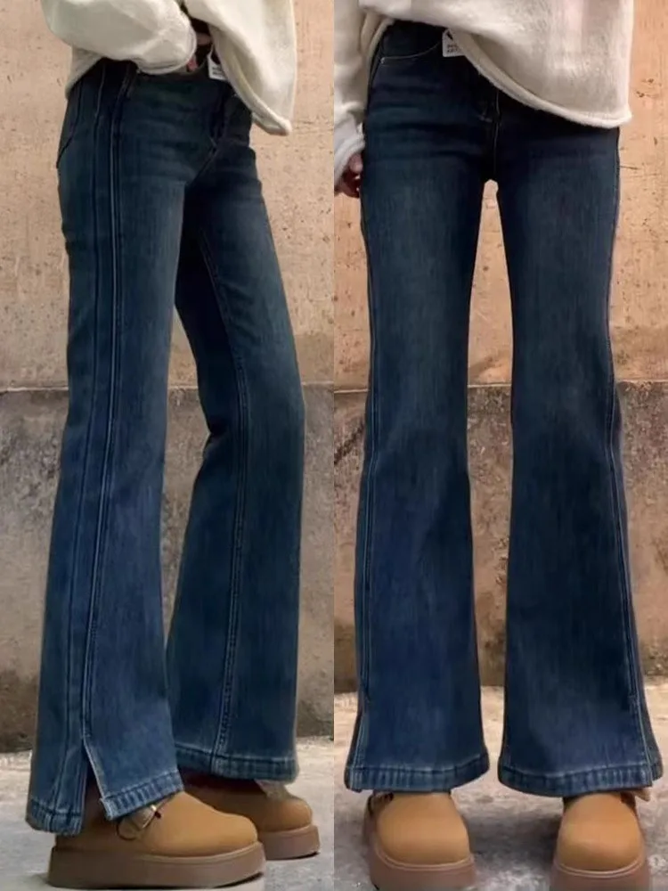 

Большие размеры, расклешенные джинсы с высокой талией, женские повседневные длинные леггинсы для похудения, джинсовые брюки с разрезом, осенние новые брюки для полных