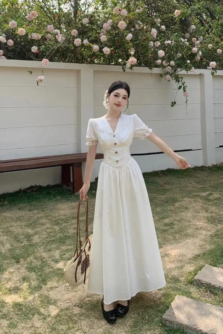 

Summer French Style Dress for Women V Neck Short Sleeve Lace Trim Slim Fit Waist A Line Long Dress Elegant Flattering Design